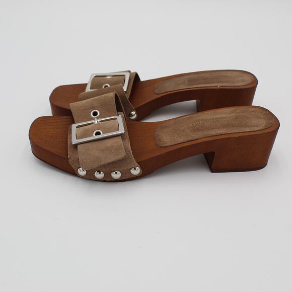 Anthropologie Wood Clog Sandals 39 Womens 8.5 Brown Suede Block Heel Buckle Y2K - Picture 4 of 8